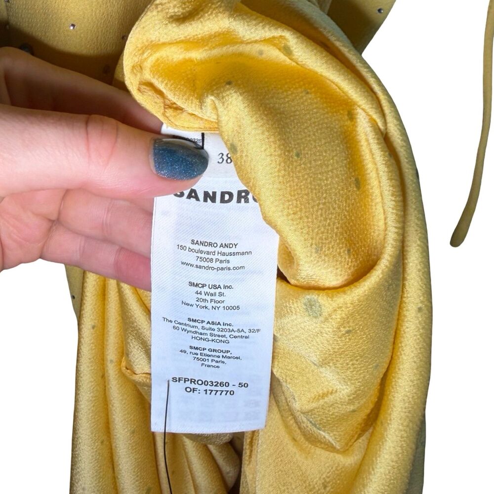 Sandro Praline Rhinestone Maxi Dress Yellow Plunge V-Neck Crossover Strap Sz 38 - Picture 15 of 15